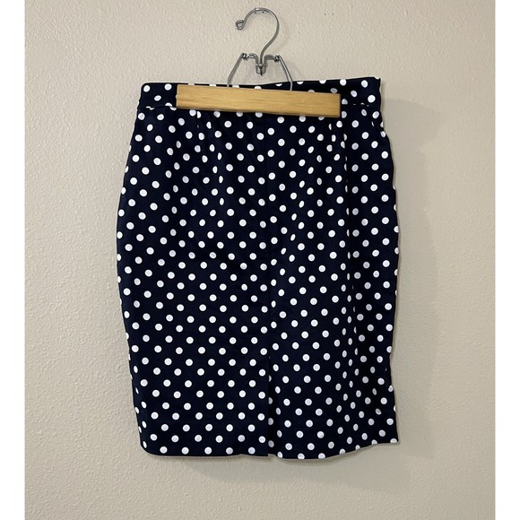 J. Crew Pencil Skirt Size: 0 Navy Blue/White Polka Dot Back Zip Slit - Picture 2 of 8